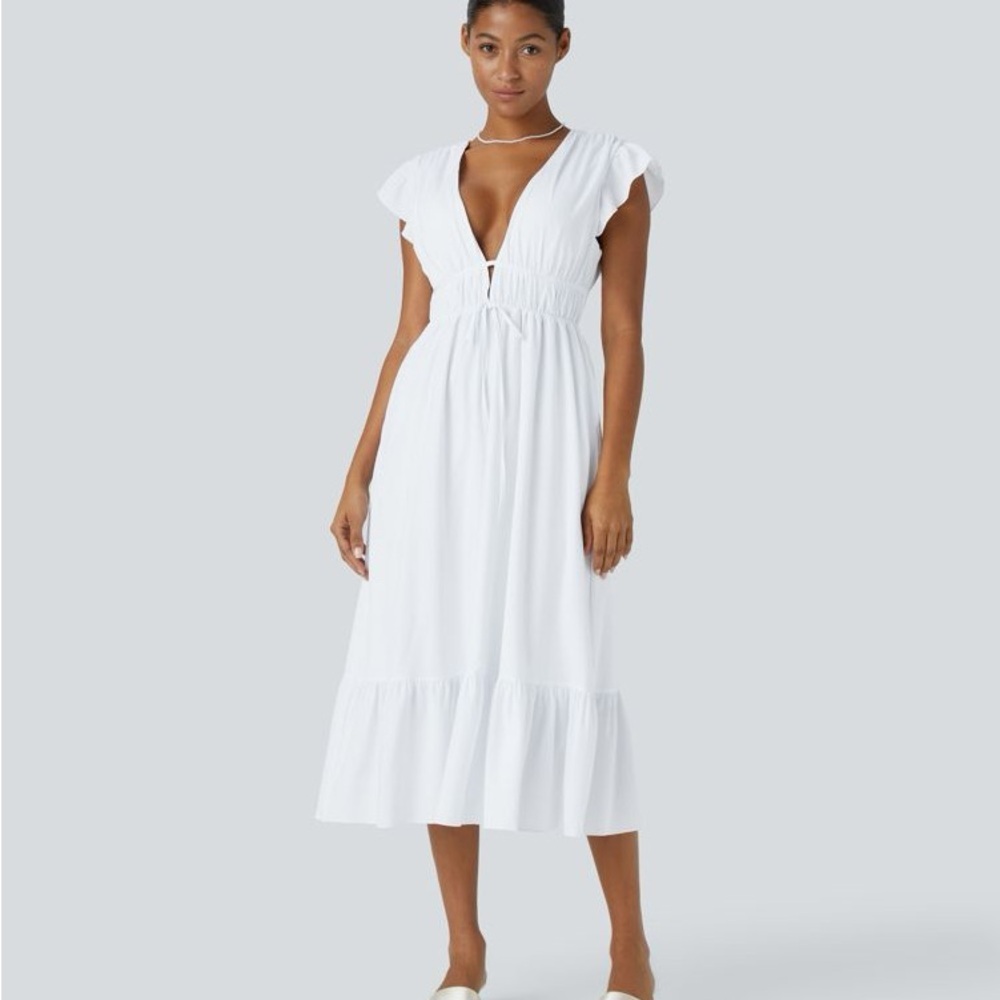 Halara Breezeful deep V neck butterfly sleeves side pocket  White Dress SZ XL